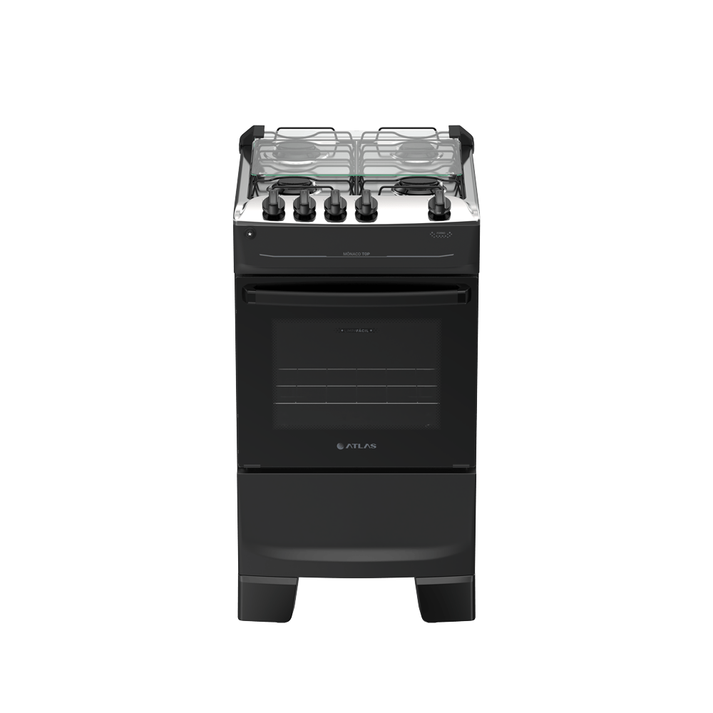Fogão 4 Bocas Preto com Mesa Inox Atlas Mônaco Top Bivolt