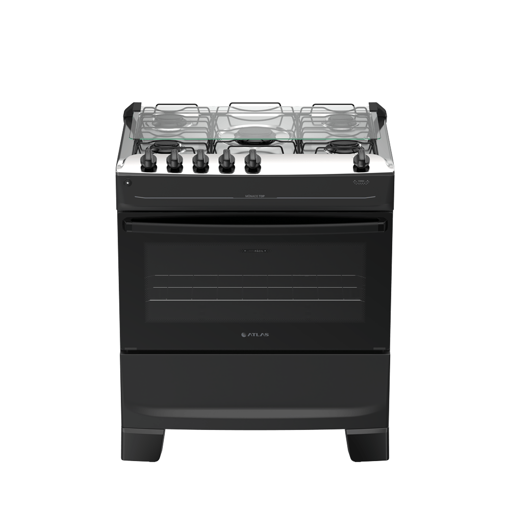 Fogão 5 Bocas Preto com Mesa Inox Atlas Mônaco Top Bivolt