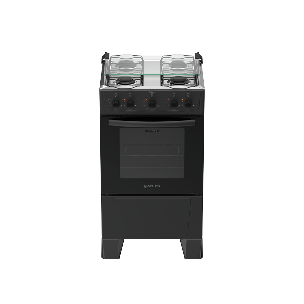 Fogão 4 Bocas Preto com Mesa Inox Atlas Milão