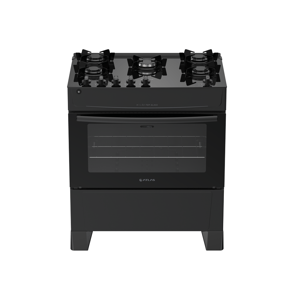 Fogão 5 Bocas Preto com Mesa de Vidro Atlas Milão Top Glass Bivolt