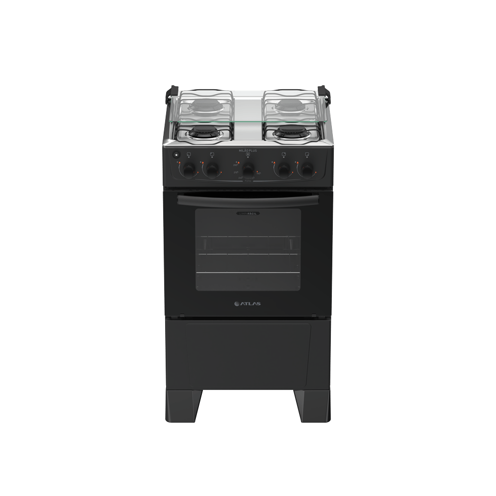 Fogão 4 Bocas Preto com Mesa Inox Atlas Milão Plus Bivolt