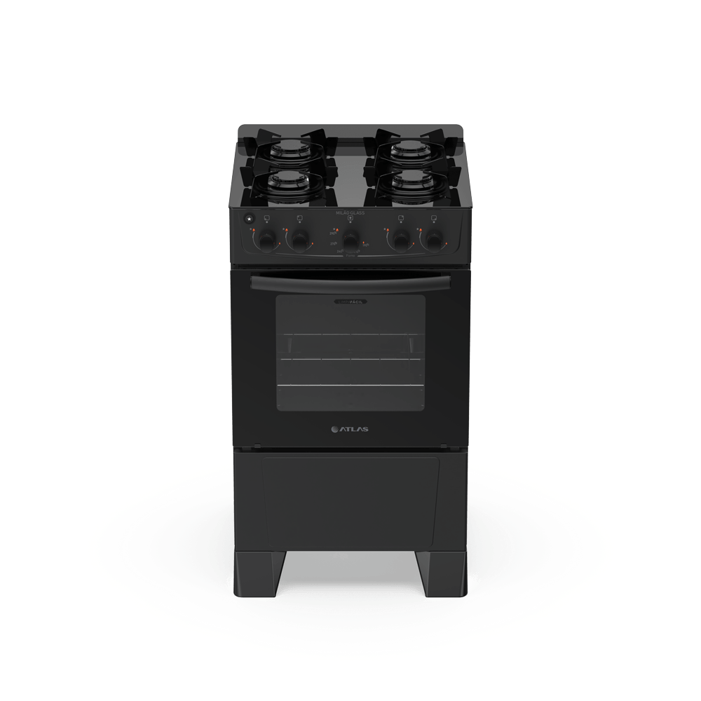 Fogão 4 Bocas Preto com Mesa de Vidro Atlas Milão Glass Bivolt