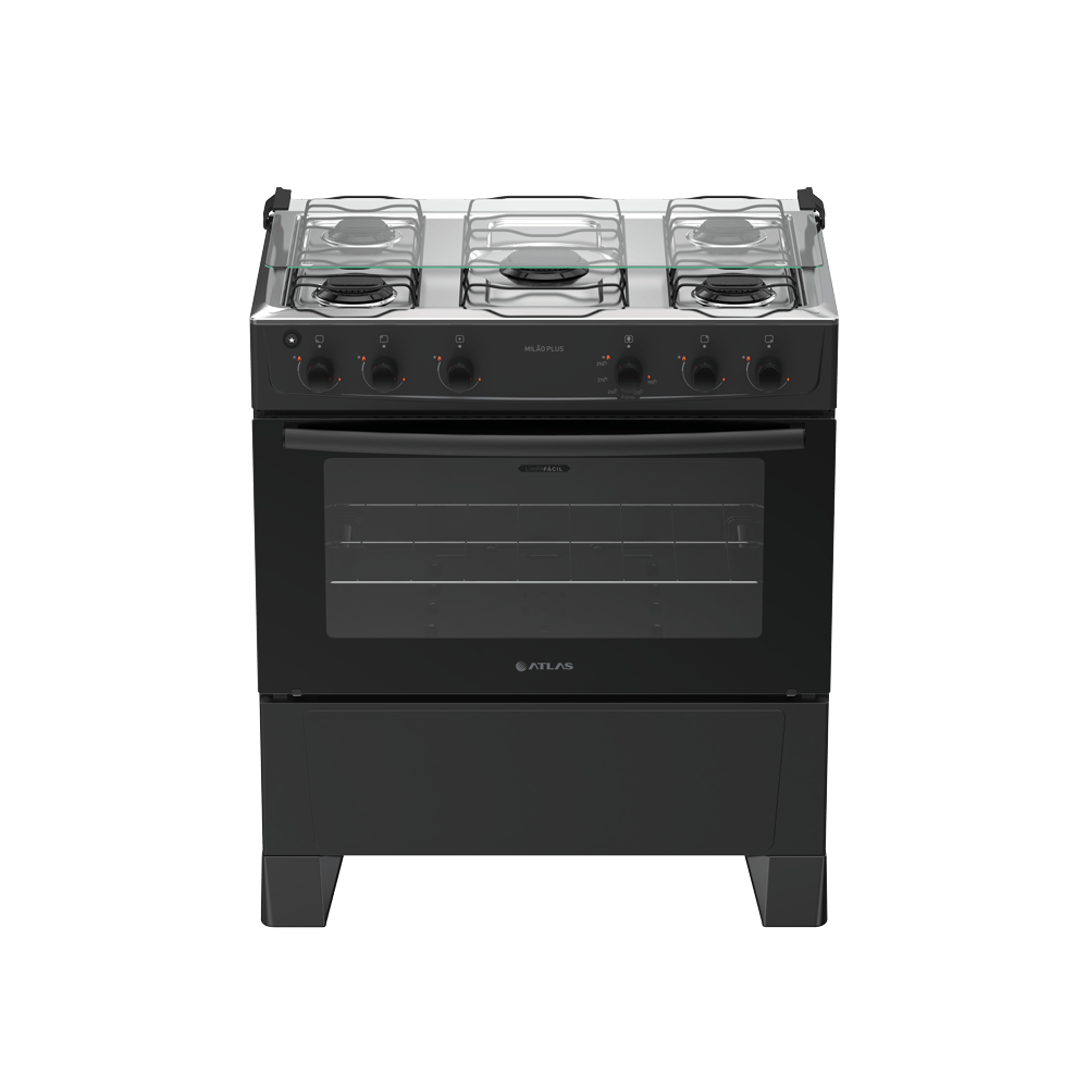 Fogão 5 Bocas Preto com Mesa Inox Atlas Milão Plus Bivolt