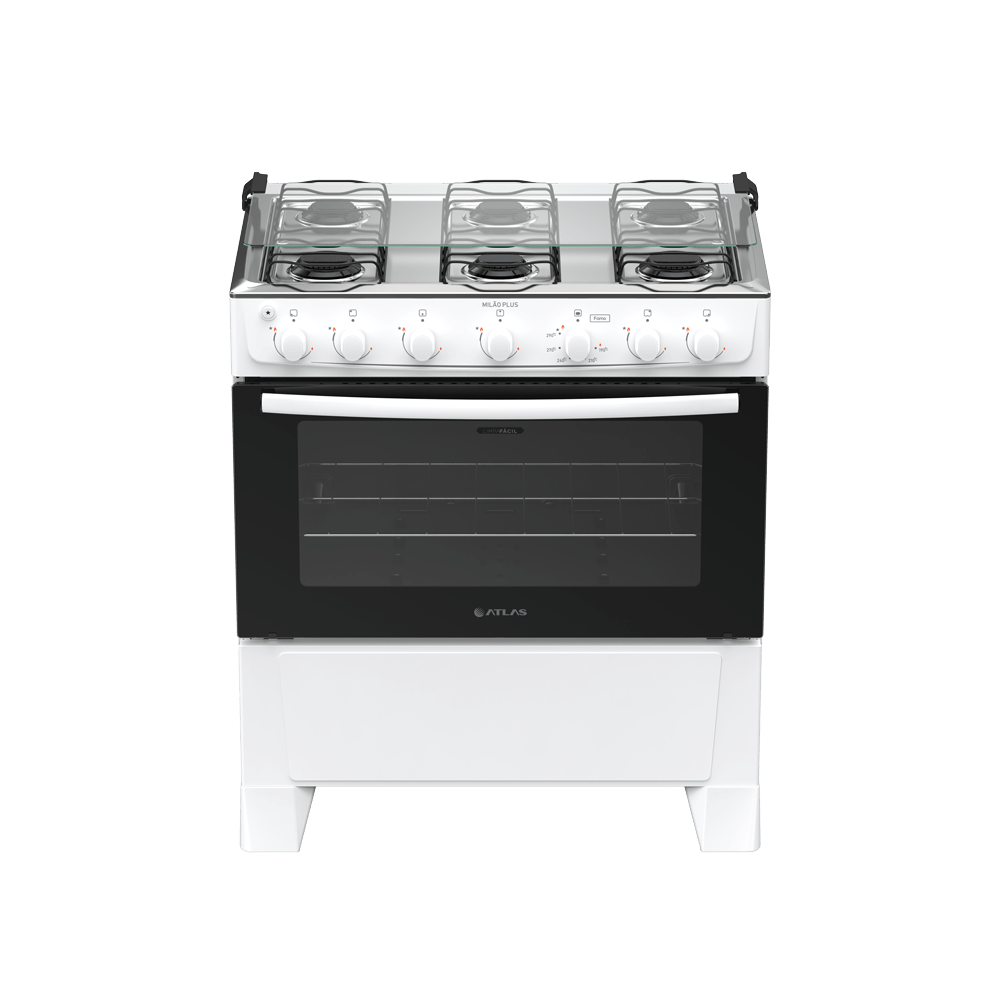 Fogão 6 Bocas Branco com Mesa Inox Atlas Milão Plus Bivolt
