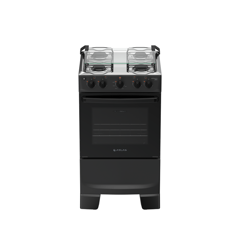 Fogão 4 Bocas Preto com Mesa Inox Atlas Mônaco Plus Bivolt