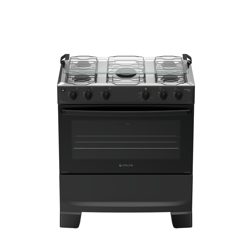 Fogão 5 Bocas Preto com Mesa Inox Atlas Mônaco Plus Bivolt