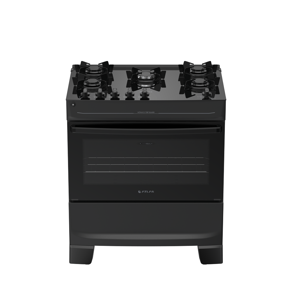 Fogão 5 Bocas Preto com Mesa de Vidro Atlas Mônaco Top Glass Bivolt